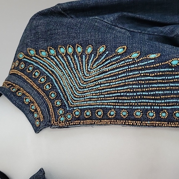 Chico's Embellished Heritage Turquoise Beaded Denim Jacket Inkspill Indigo Sz L - Picture 4 of 16